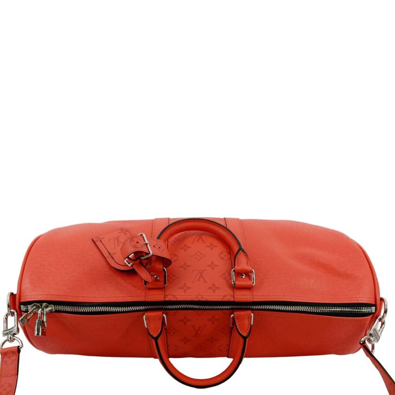 LOUIS VUITTON Keepall 50 Bandouliere Monogram Taiga Leather Travel Bag Red - Image 3