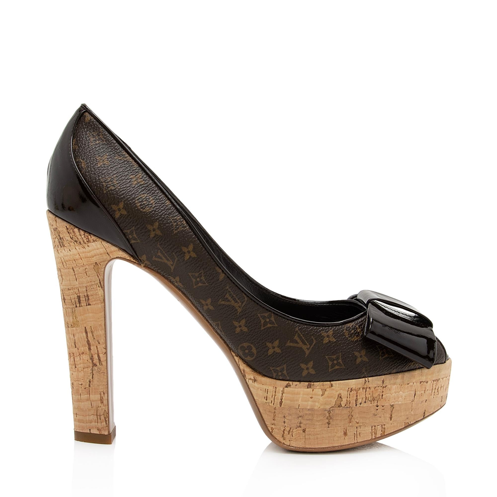 Louis Vuitton Monogram Canvas Cork Rivoli Peep Toe Platform Pumps - Size 8 / 38 (SHF-AnjXgu) - Image 8