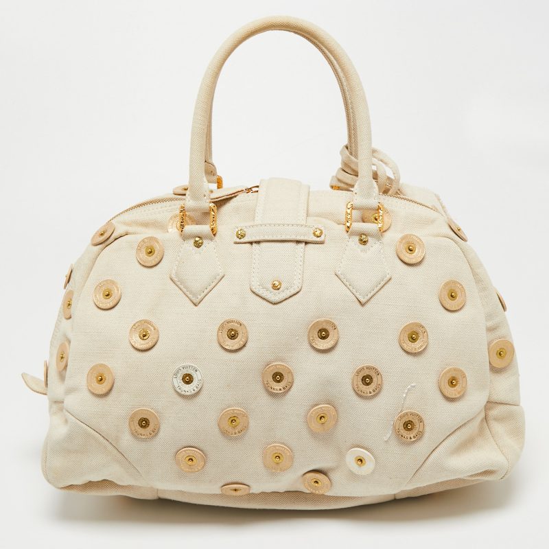 Louis Vuitton Cream Canvas Polka Dot Panama Bowly Bag - Image 4